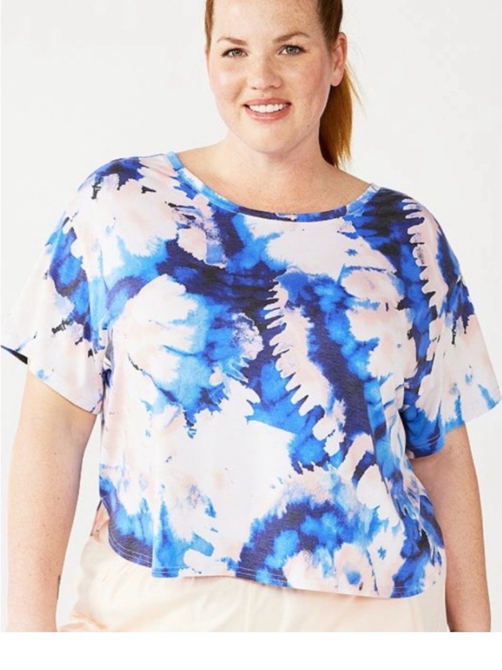 TEK GEAR WOMAN BLOUSE SHORT SLEEVE STRETCH CROSS BACK PINK & BLUE TIE DYE 3X NEW